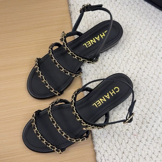 CHANEL THREE-STRAPS SANDALS IN BLACK CALFSKIN WITH GOLD HARDWARE