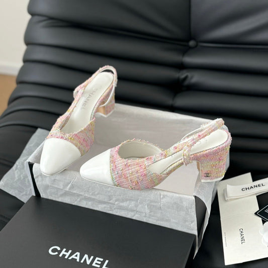 CHANEL HIGH SLINGBACK IN LIGHT PINK TWEED MIX WHITE LAMBSKIN