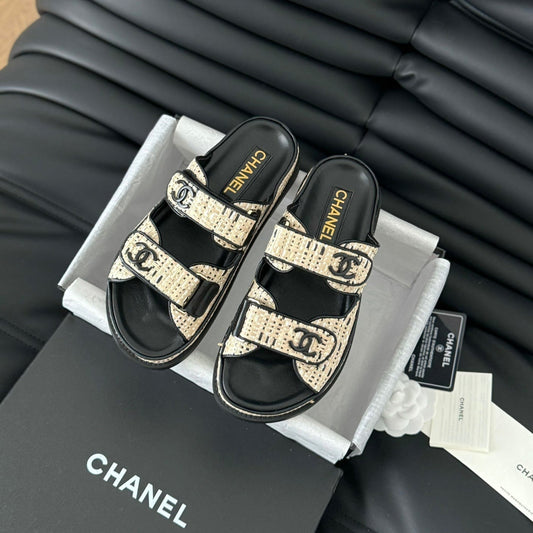 CHANEL Mule Sandals Sheepskin Beige Black