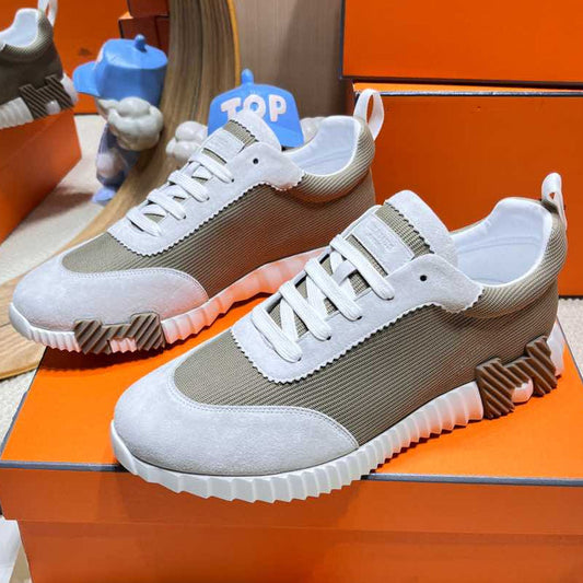 HERMES BOUNCING SNEAKER IN PALE GRAY SUEDE AND WOOD BROWN KNIT