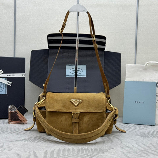 PRADA 25S EXPLORE MEDIUM SHOULDER BAG 30 IN RK GOLDEN BROWN SUEDE WITH FLAP