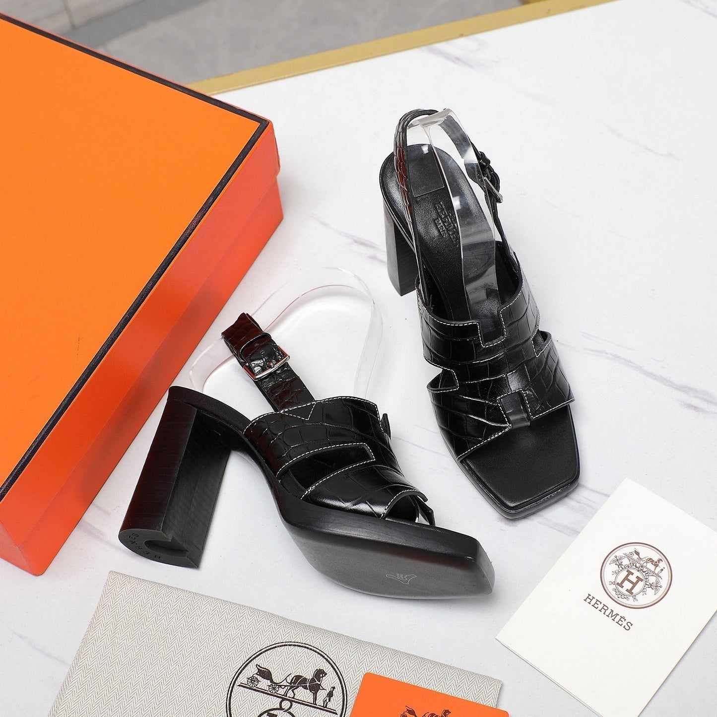 HERMES ERIS 95 SANDAL BLACK CALFSKIN PATTERNED