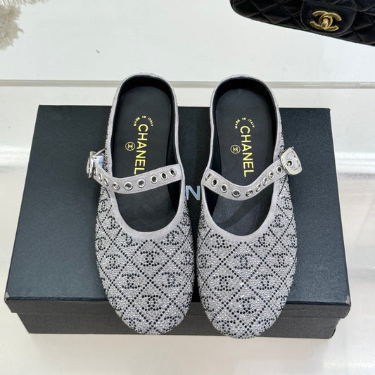 CHANEL FLAT MULES 25SS IN GREY EMBELLISHED WITH RHINESTONES