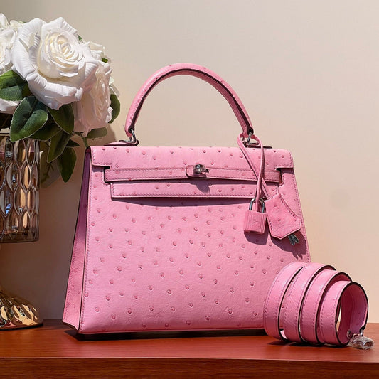 HERMES KELLY SELLIER 25 BAG IN DOLL PINK OSTRICH LEATHER WITH SILVER HARDWARE