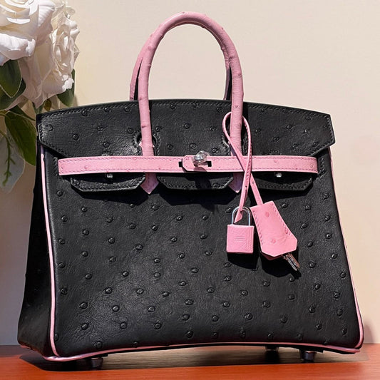 HERMES KELLY  SELLIER 25 BAG IN BLACK MIX BABY PINK OSTRICH LEATHER