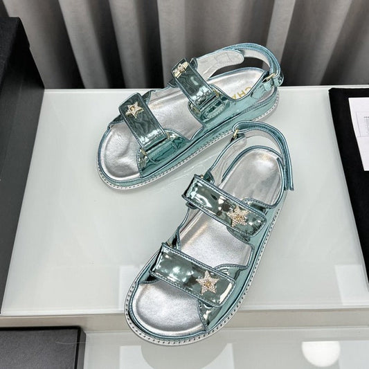 CHANEL dad sandals cloud blue metalic lambskin