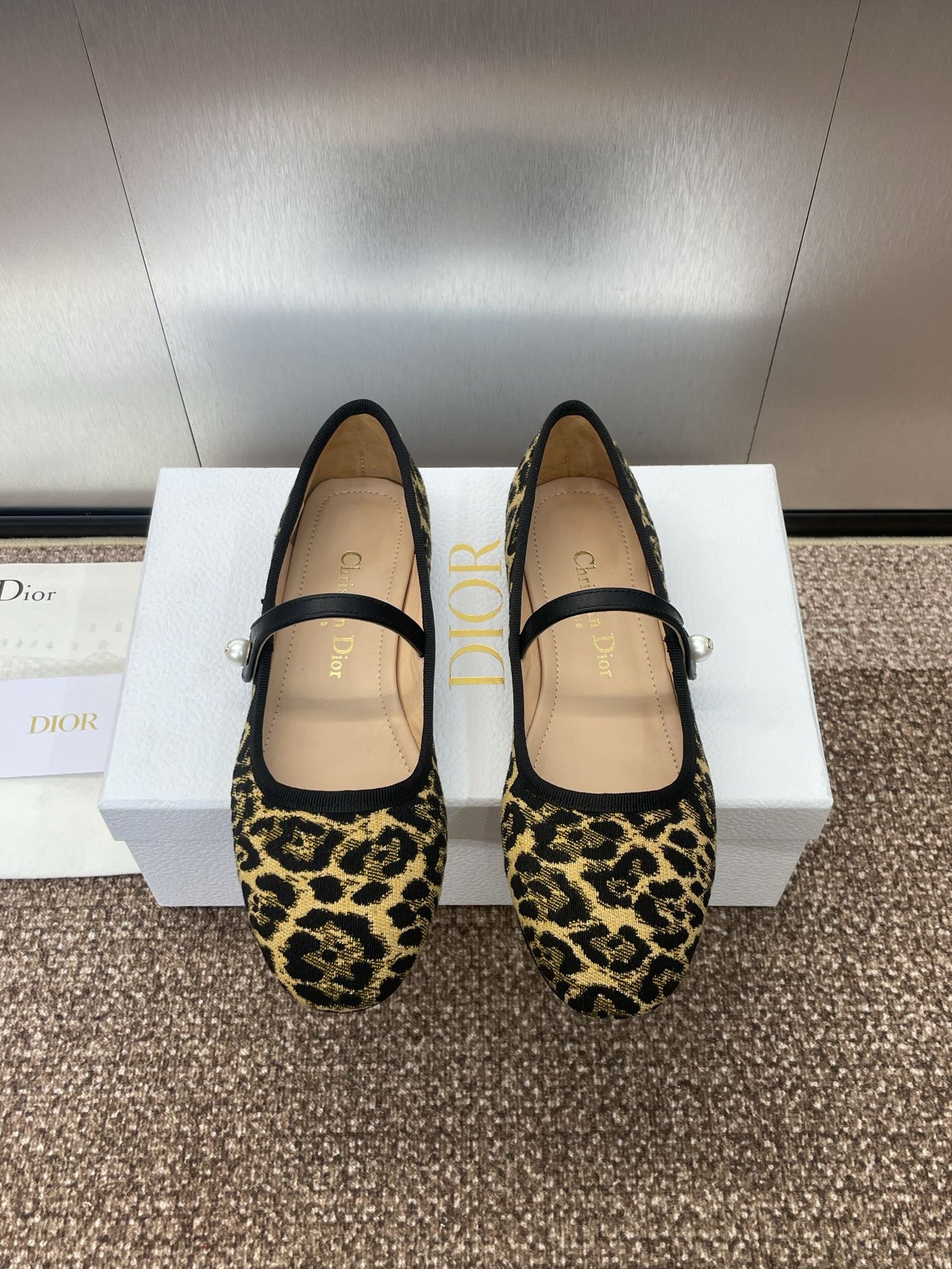 DIOR BALLET FLAT CAMEL PONY HAIR CALFSKIN WITH BROWN LEOPARD MOTIF