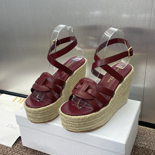 DIOR D-CLUB 25S HIGH HEEL WEDGE 100MM IN BURGUNDY RED CALFSKIN RAFFIA SOLE