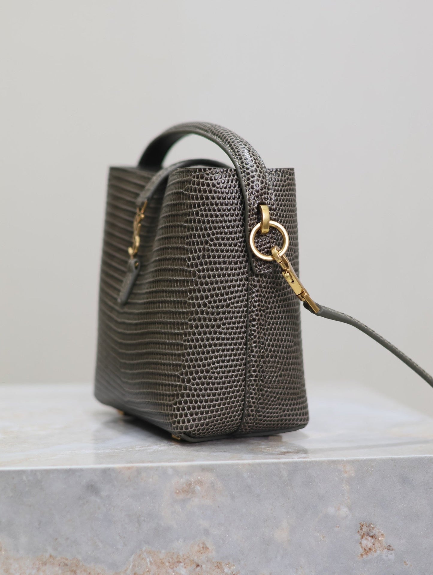 YSL 25S LE 37 MINI 15 IN BROWN LIZARD PATTERN CALFSKIN GOLD HARDWRE
