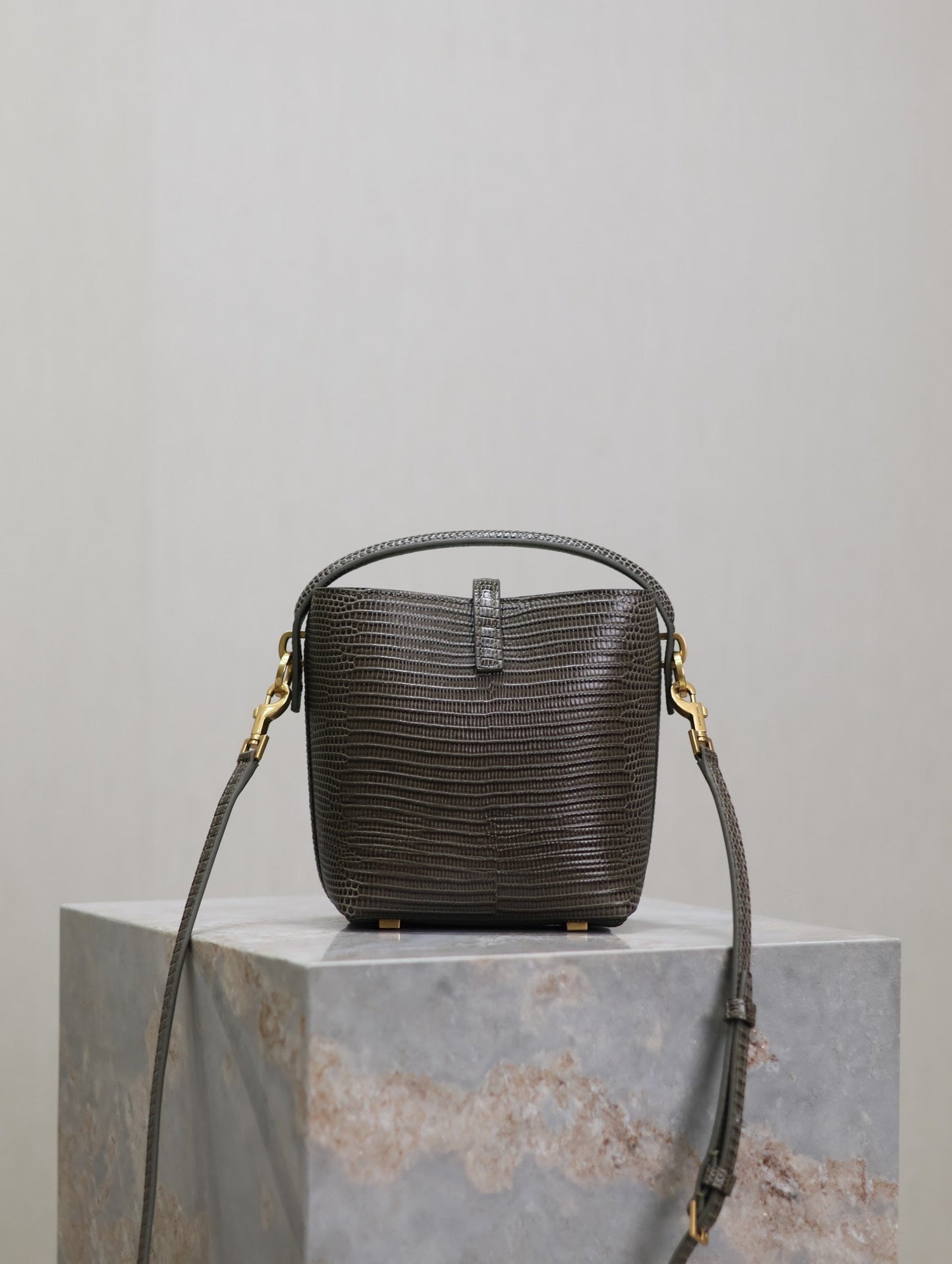 YSL 25S LE 37 MINI 15 IN BROWN LIZARD PATTERN CALFSKIN GOLD HARDWARE